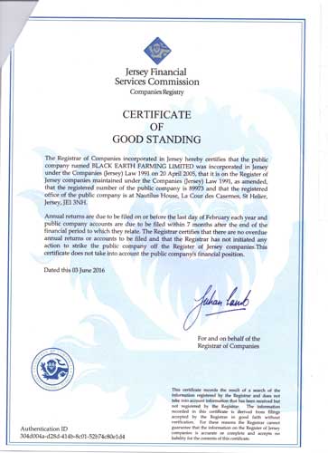 Certificate of Good Standing из торгового реестра Джерси