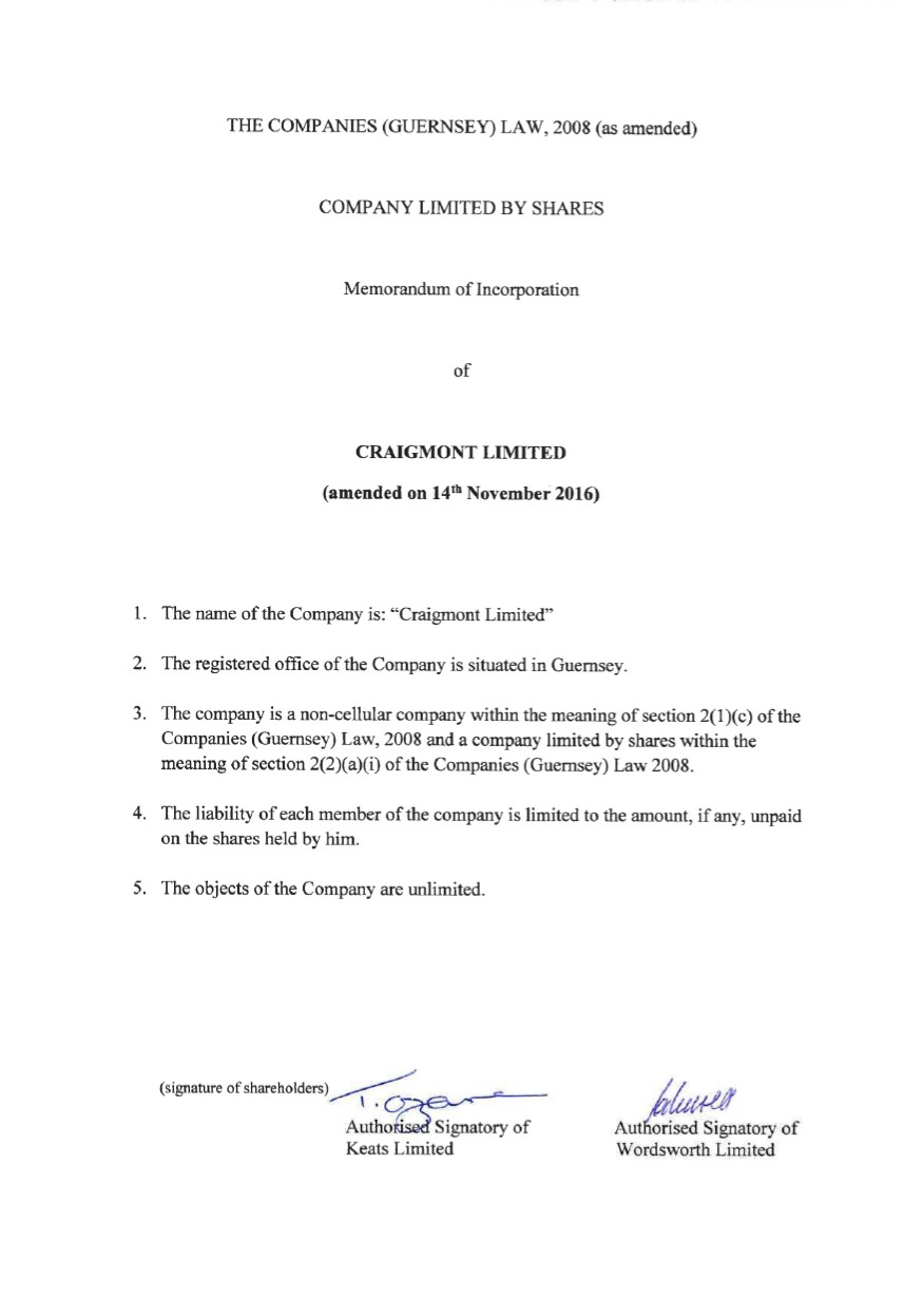 Memorandum of Association из реестра Гернси